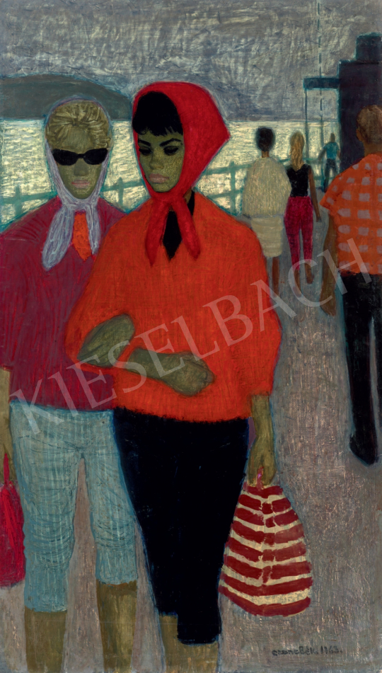  Czene Béla - Kendős nők a badacsonyi mólón festménye