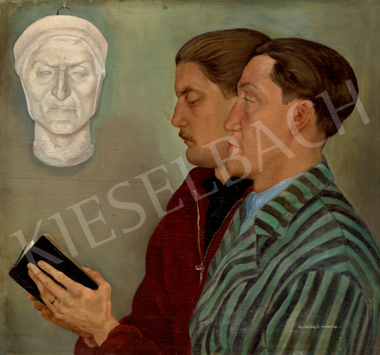  Hikádi Erzsébet - Double Portrait with Dante Sculpture (Portrait of Béla and János Czene), 1939  painting