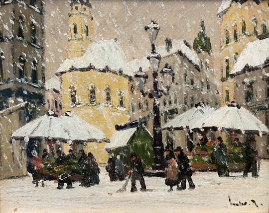 For sale  Czakó, Rezső - Street view in falling snow 's painting