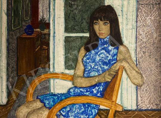  Czene, Béla jr. - Girl in blue dress in interior 1969 painting