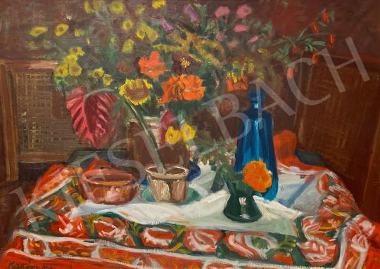 For sale Karácsonyi, Irén - Table still life with blue glass 's painting