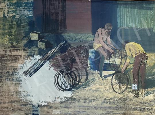 For sale Káplár, Ferenc -  Boys building bicycles (Hommage a Csernus) 1984 's painting