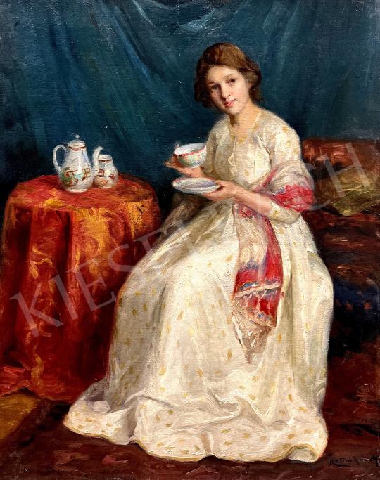 Rottmann Mozart - Fiatal lány kék drapéria előtt (Egy csésze kávé) festménye