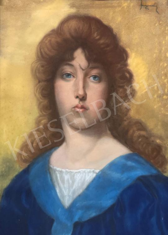 Eladó Ismeretlen festő - Fiatal lány kék ruhában, sárga háttér előtt festménye