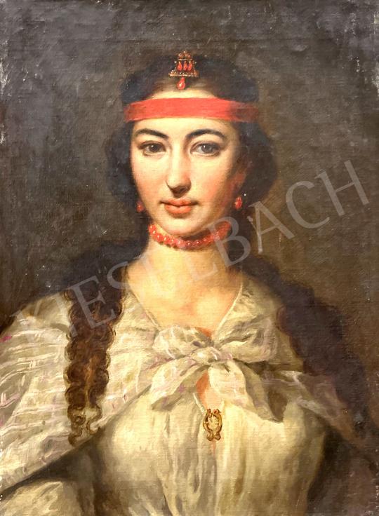 Eladó Ismeretlen festő - Fiatal lány piros nyakékkel festménye