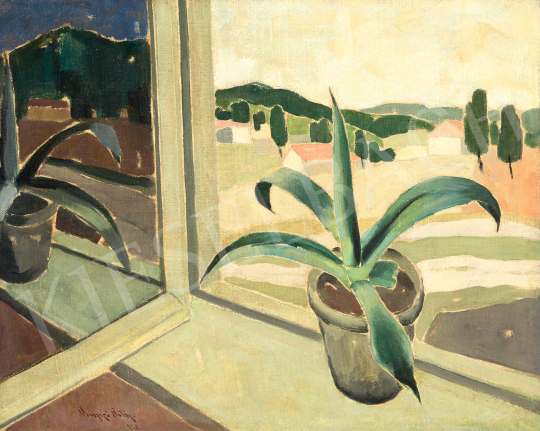Vaszkó Ödön - Ablakban (Kilátás a tájra, Tükröződés a kinyitott ablaküvegben),1928 | 69. aukció aukció / 18 tétel