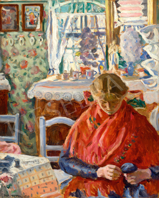  Perlmutter Izsák - Piros kendős fiatal lány a tisztaszobában, 1929 | 69. aukció aukció / 74 tétel