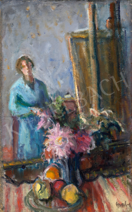 Gráber Margit - Önarckép festőállvánnyal és virágokkal 