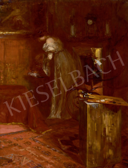 Spányik Kornél - Délutáni tea a műteremben (Újságot olvasó festő és múzsája), 1904 