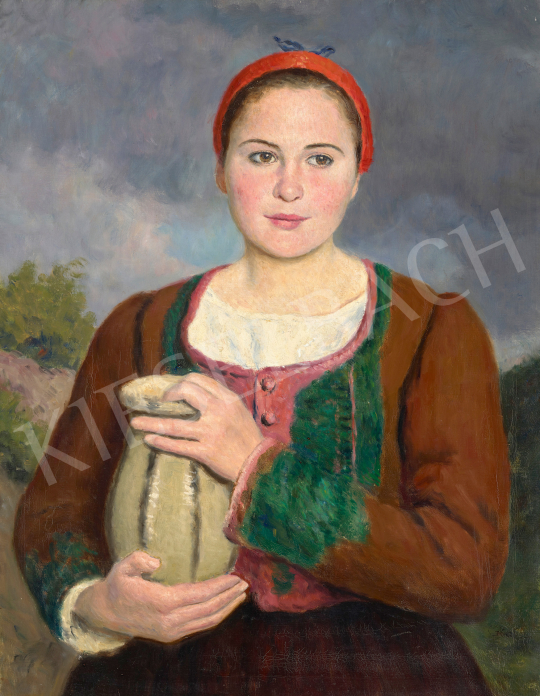  Glatz Oszkár - Fiatal lány piros főkötővel, 1930-as évek | 69. aukció aukció / 132 tétel
