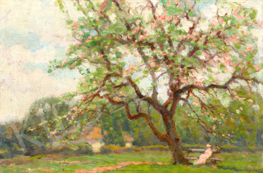  Bosznay István - Virágzó fa alatt (Padon ülő nő rózsaszín kalapban), 1922 | 69. aukció aukció / 175 tétel