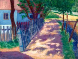 Tihanyi, Lajos, - Sunlit Nagybánya Street with Blue House and the Veres Stream, 1907 