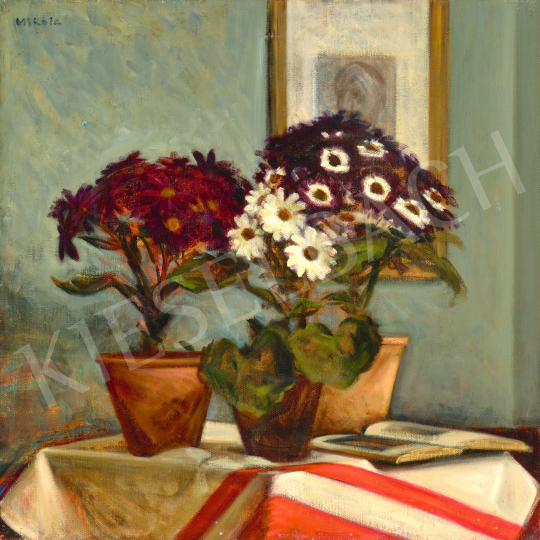 Mikola, András - Flower Still-Life with Striped Cloth and Opened Book | 69th auction auction / 214 Lot