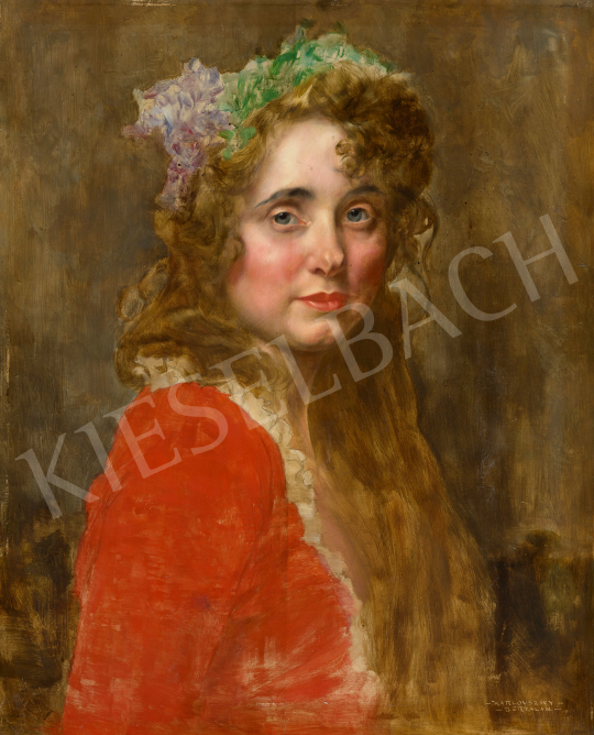  Karlovszky Bertalan - Szőke fürtös fiatal lány hajában lilaakáccal  | 69. aukció aukció / 235 tétel