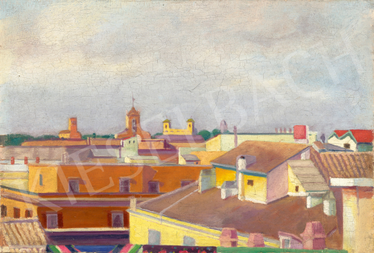  Ismeretlen magyar festő, 1910 körül - Mediterrán háztetők (Róma, Száradó ruha) | 69. aukció aukció / 84 tétel