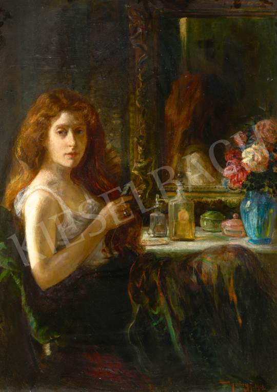 Ujváry Ignác - Lány tükör előtt, 1918 | 69. aukció aukció / 213 tétel