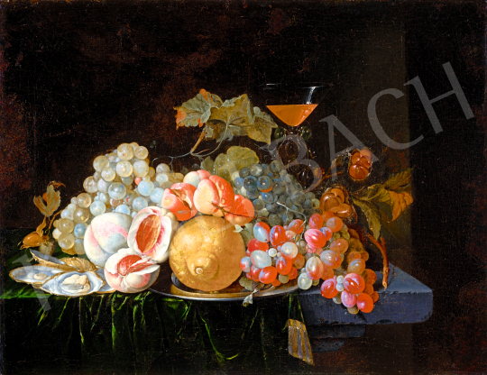 Ismeretlen 17. századi festő - Gyümölcscsendélet zöld bársonyon, osztrigával és vörös borral | 69. aukció aukció / 243 tétel