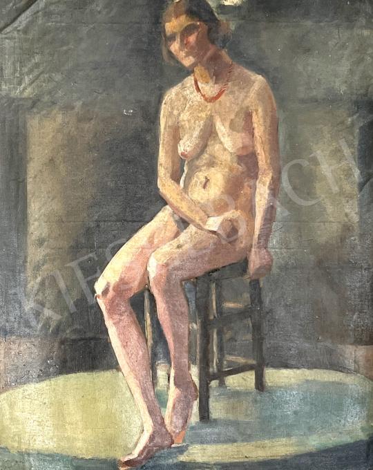 Eladó  Klein Ferenc - Ülő női akt műteremben piros nyakékkel  festménye