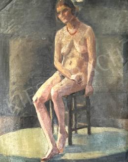  Klein, Ferenc - Sitting female nude in studio with red collar 