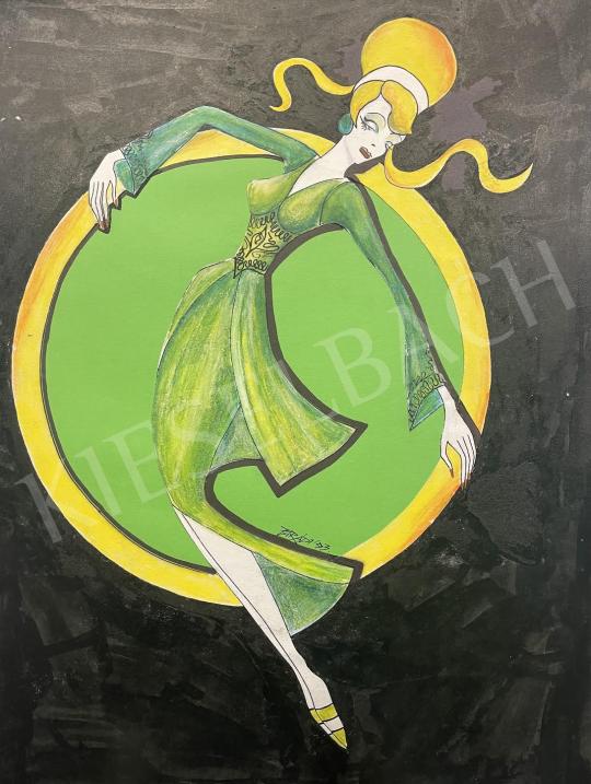 Eladó  Parádi Katalin  - Lány smaragd színű ruhában (divatterv) 93 festménye