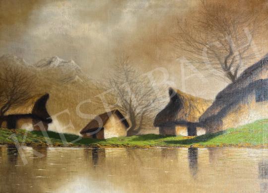 Eladó Szepesi Kuszka Jenő - Tátrai táj vízparti házakkal  festménye