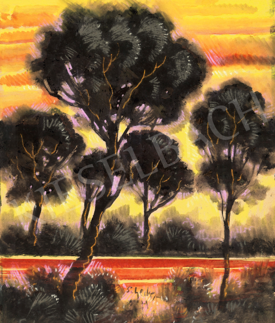  Scheiber Hugó - Vízparti fák naplementében, 1930-as évek | 70. aukció aukció / 7 tétel