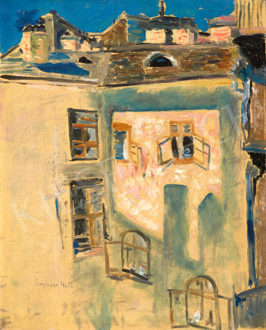  Scheiber Hugó - A lemenő nap fényei egy pesti bérház falán, 1910-es évek vége | 70. aukció aukció / 85 tétel