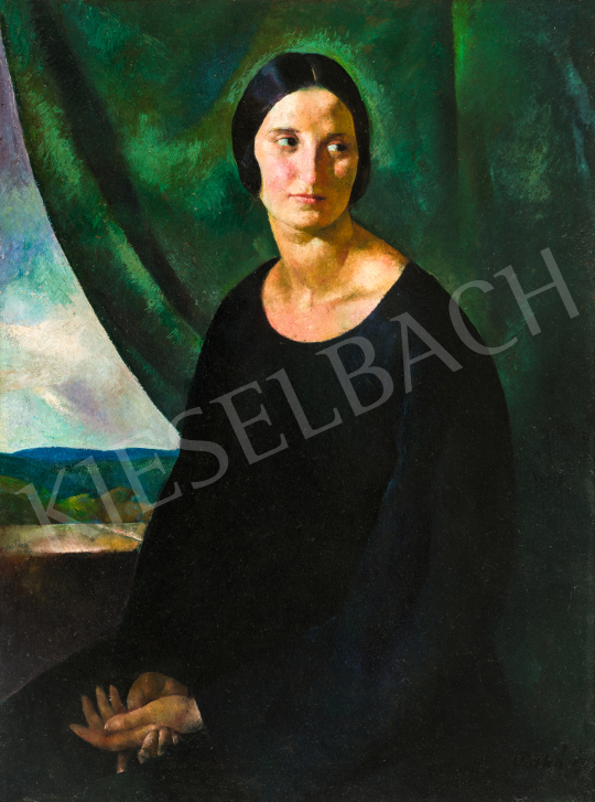  Patkó Károly - Női portré zöld drapériával háttérben tájképpel, 1922 | 70. aukció aukció / 248 tétel