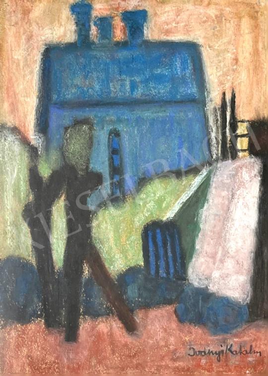 Iványi, Katalin - In front of a blue house painting