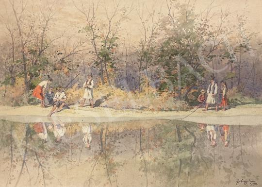 For sale Gyökössy, Lajos - Fishing boys on the bank of the Körös, (Reflection on the water) 1953  's painting