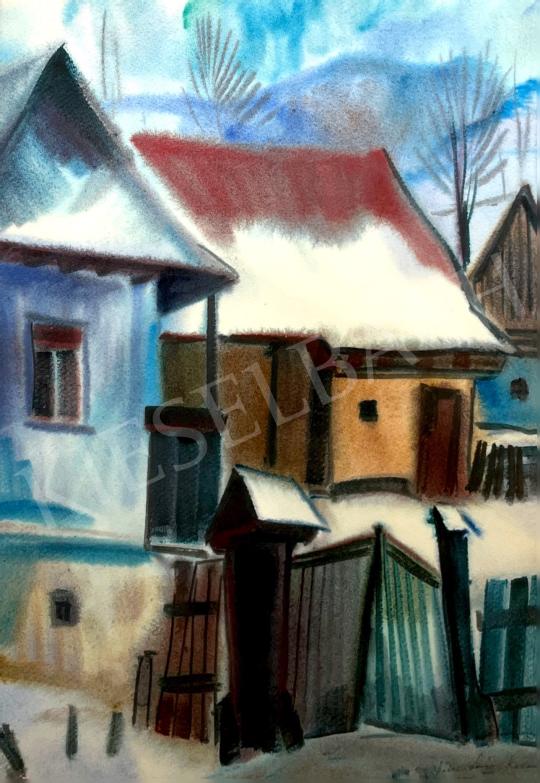 Ismeretlen festő - Téli utca Korondon 1987 festménye