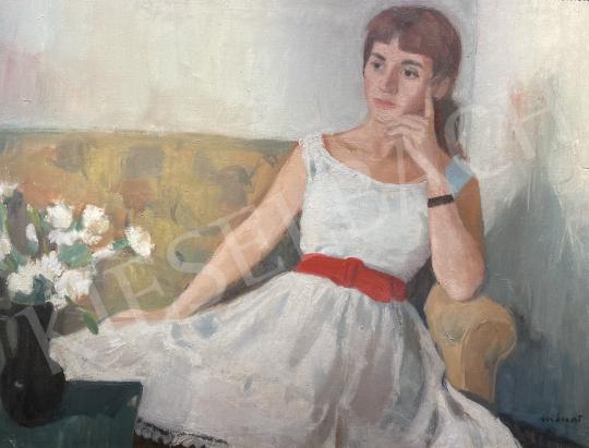 Eladó Mácsai István - Fiatal lány fehér szegfűkkel festménye