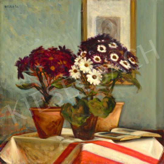 Eladó Mikola András - Virágcsendélet csíkos terítővel és nyitott könyvvel festménye