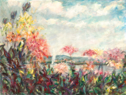 Halápy, János - On the Shores of Lake Balaton (A White Sailboat Emerging from Behind Flowers) 