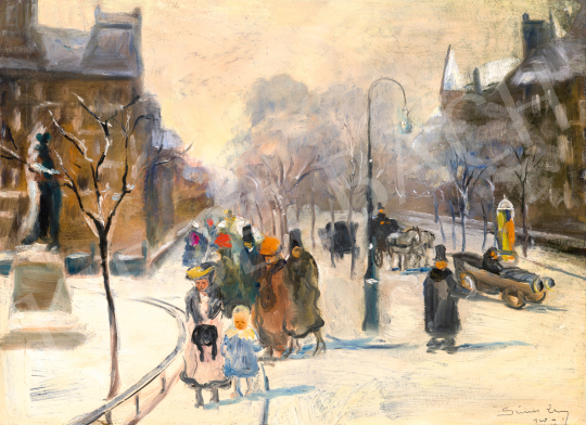 Színes, Elemér - Winter Street Scene with Car, c. 1925 | 71st Spring auction auction / 221 Lot