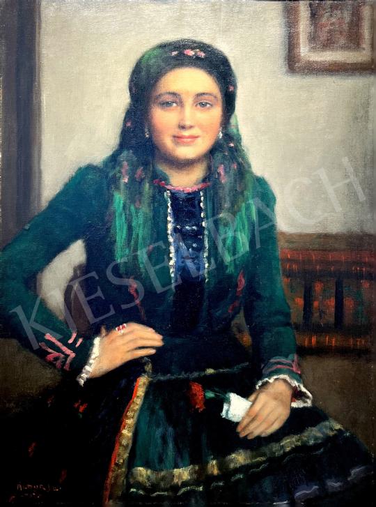 For sale Áldor, János László - Young girl in folk costume in the clean room  's painting