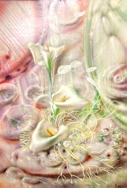 Eladó  Korga György - Csendélet fehér virágokkal festménye