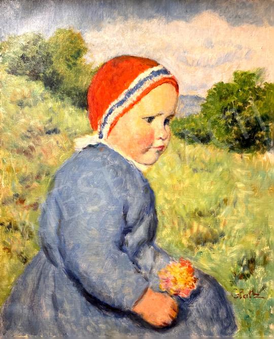  Glatz, Oszkár - Little girl in red headdress on the hillside  painting