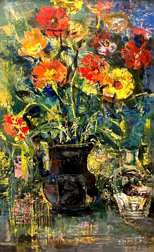  Vati József - Virágok fekete kancsóban, 1975  festménye