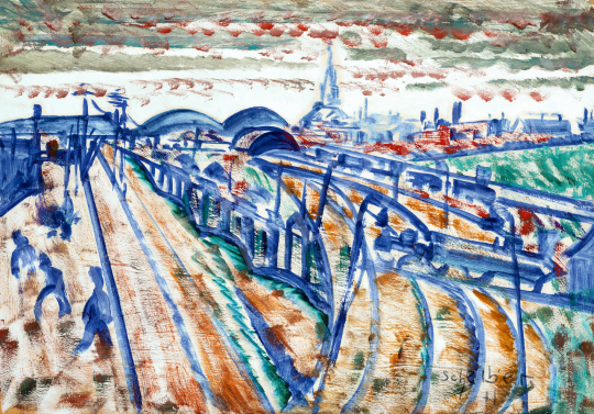  Scheiber Hugó - Nagyvárosi pályaudvar kora reggeli fényekkel (Gőzmozdony, sínek, gyalogosok), 1922 körül | 73. Téli aukció aukció / 13 tétel