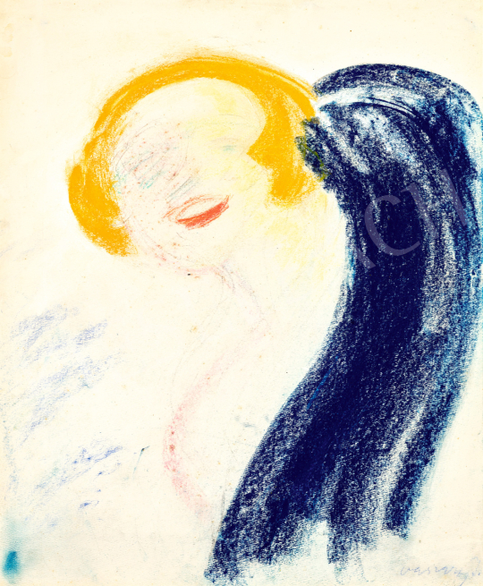  Vaszary János - Art deco nő kék sállal, 1920-as évek vége | 73. Téli aukció aukció / 73 tétel