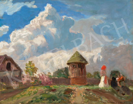  Iványi Grünwald Béla - Nagybányai táj napsütötte felhőkkel (A piros kendő), 1900-as évek eleje | 73. Téli aukció aukció / 81 tétel