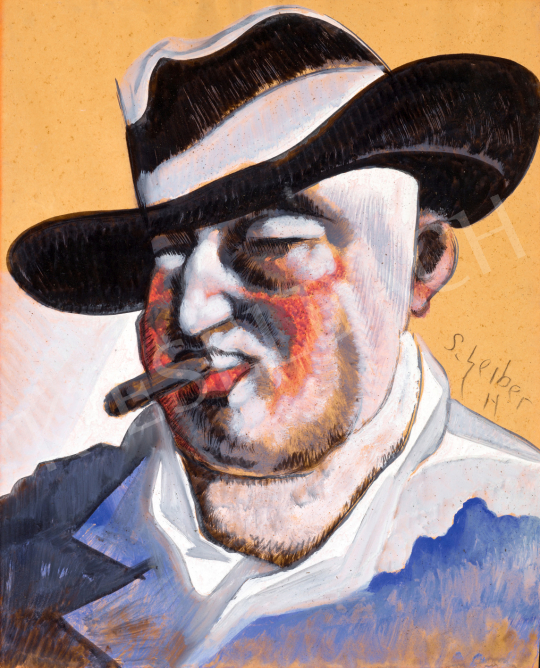  Scheiber Hugó - Önarckép szivarral, kalapban, 1930-as évek | 73. Téli aukció aukció / 115 tétel