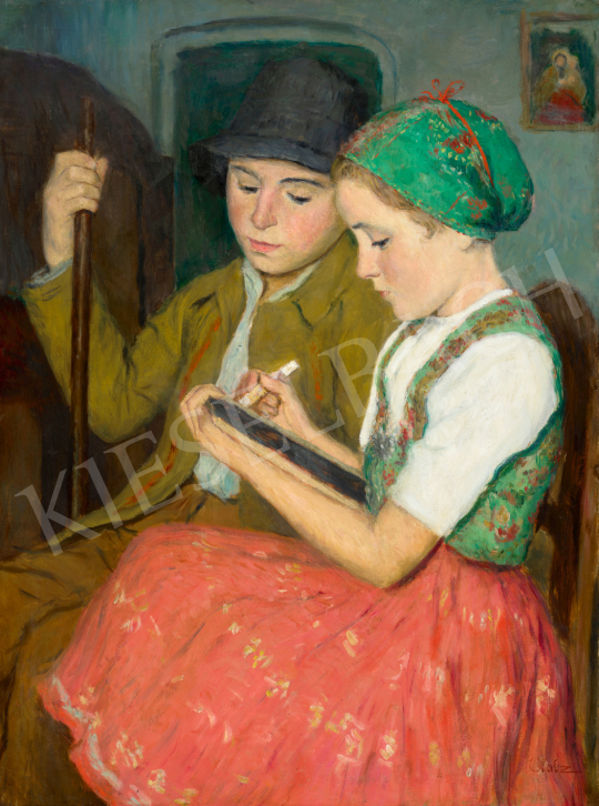  Glatz Oszkár - Fiatal lány és fiú palatáblával | 73. Téli aukció aukció / 124 tétel