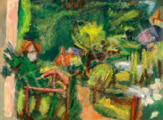  Czóbel Béla - Nyári kertben (Gyümölcsfák, házak, kerítések), 1930 körül | 73. Téli aukció aukció / 238 tétel