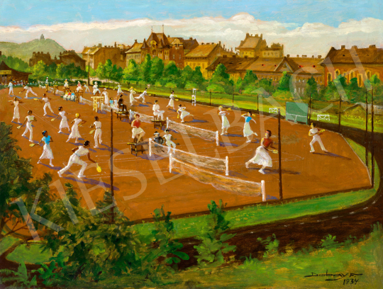 Dobay Ferenc - Budapesti tenisziskola (Széna tér, háttérben a János-heggyel), 1934 | 73. Téli aukció aukció / 154 tétel