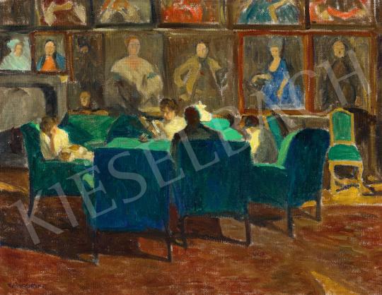Eladó Konstantin Frida - A nagyőri kastély könyvtárszobája (A zöld garnitúra, pertóleum lámpa), 1910-es évek festménye