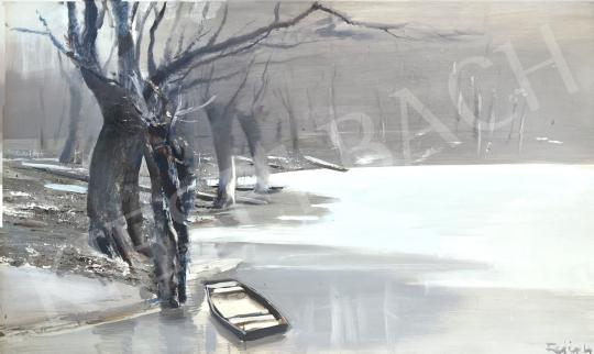 Eladó  Fejér Csaba - Téli vízpart csónakkal festménye