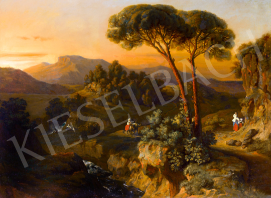 Eladó Than Mór - Itáliai tájkép aranyló égbolttal, 1854 festménye