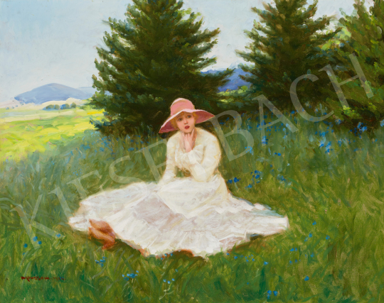Eladó  Mousson Tivadar - Rózsaszín kalapos fiatal lány a réten, 1924 festménye